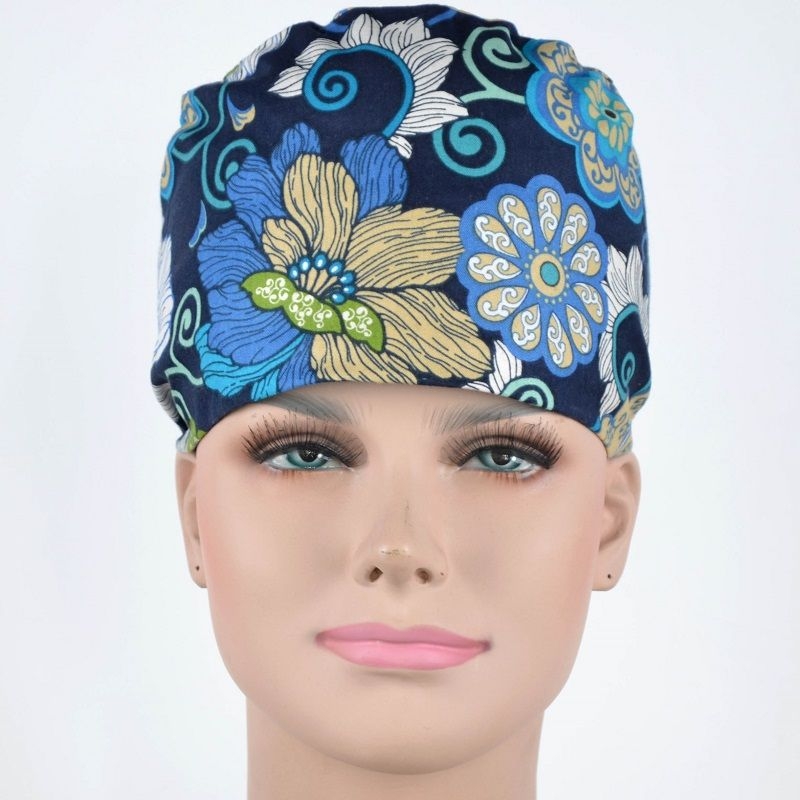 Calot Opératoire Bleu Marine Fleurs Rosacées Bleues