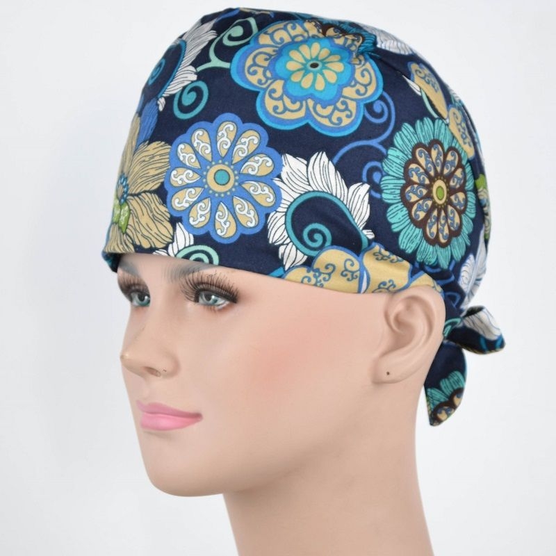 Calot Opératoire Bleu Marine Fleurs Rosacées Bleues
