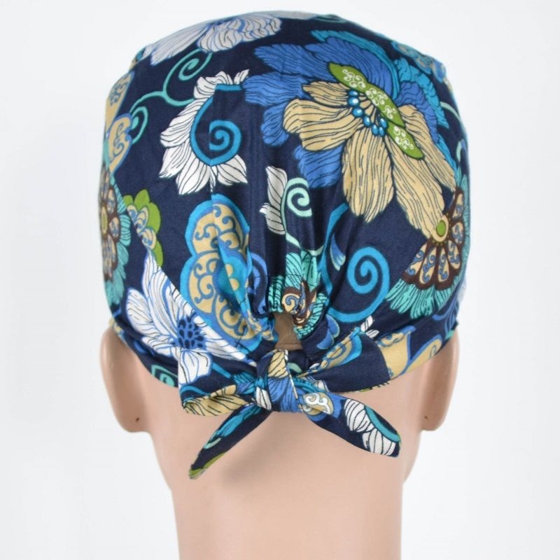 Calot Opératoire Bleu Marine Fleurs Rosacées Bleues
