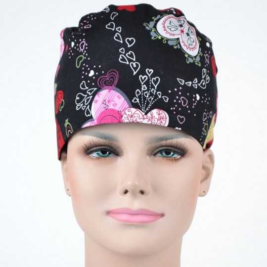 Calot Infirmière Noir Guirlandes de Coeurs