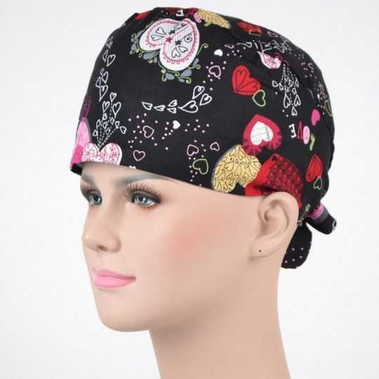 Calot Infirmière Noir Guirlandes de Coeurs