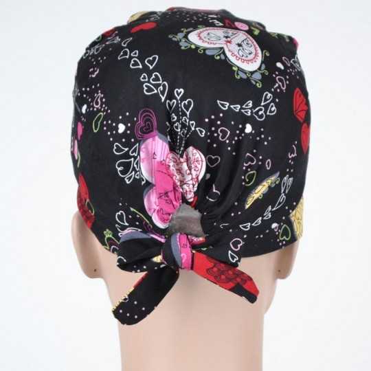 Calot Infirmière Noir Guirlandes de Coeurs