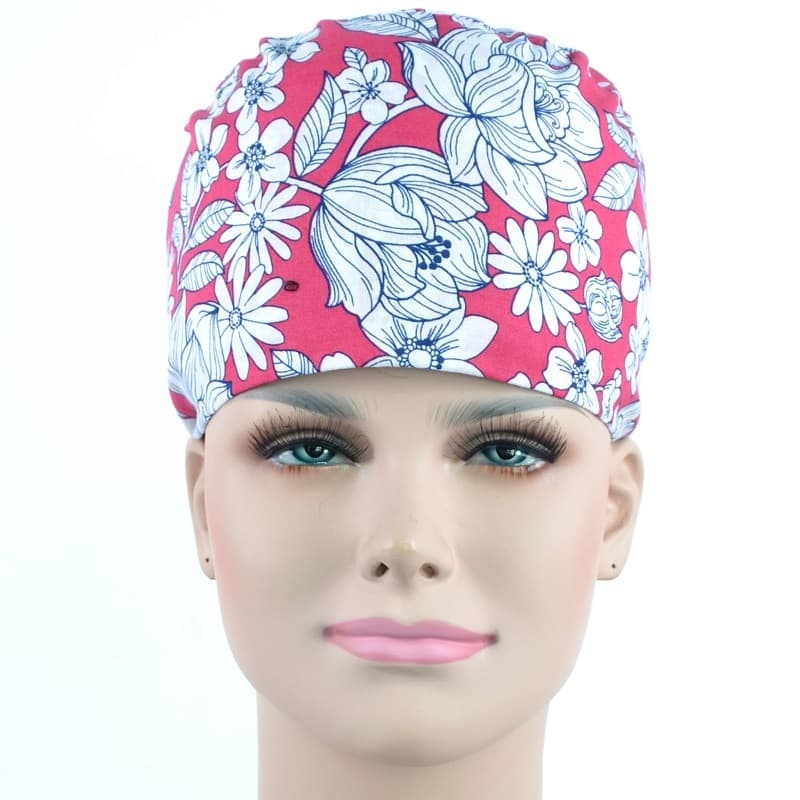 Calot Infirmière Fuchsia motifs Fleurs Blanches
