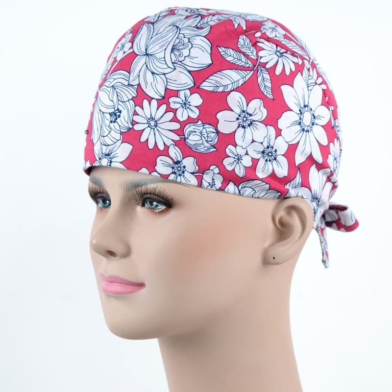 Calot Infirmière Fuchsia motifs Fleurs Blanches