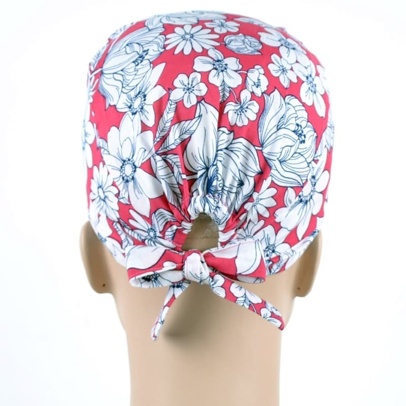 Calot Infirmière Fuchsia motifs Fleurs Blanches