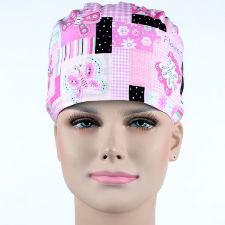 Calot Infirmière Rose avec Fleurs et Papillons