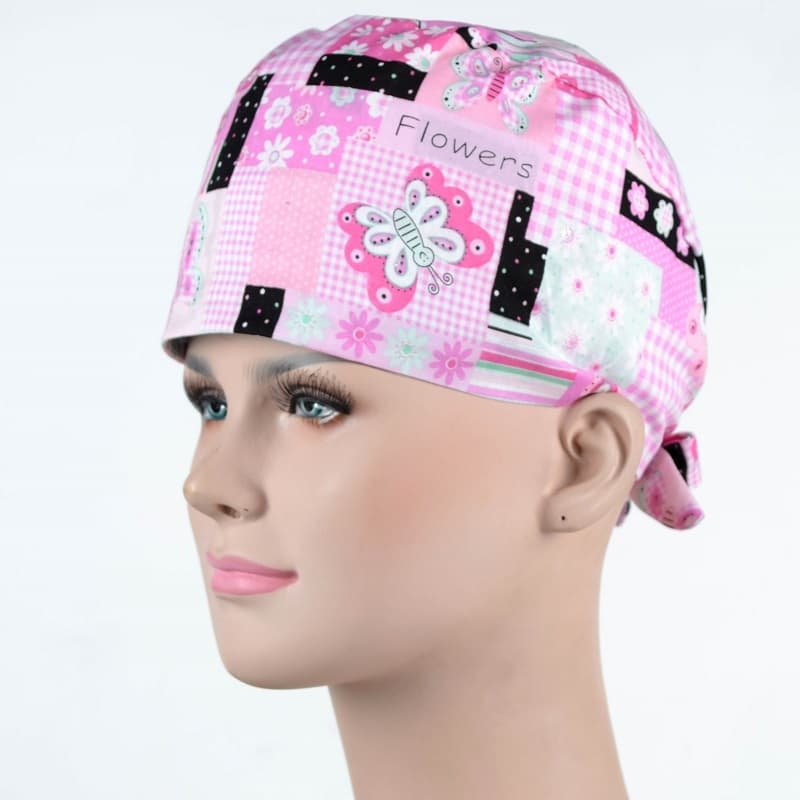 Calot Infirmière Rose avec Fleurs et Papillons