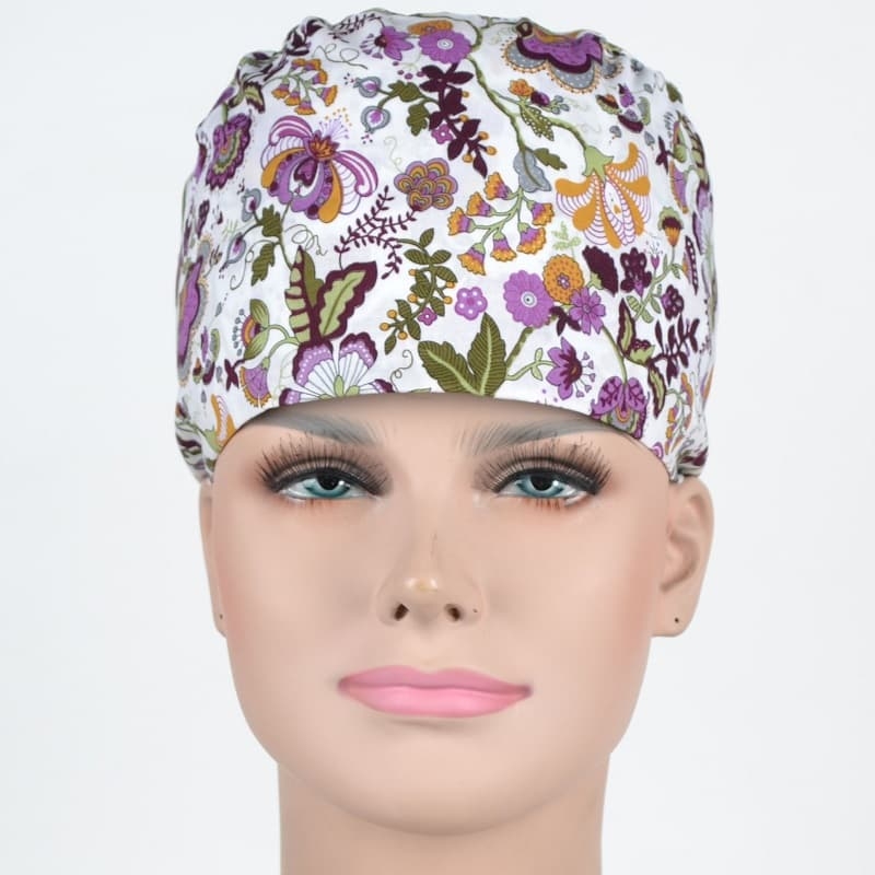 Calot Opératoire Blanc avec Fleurs Violettes