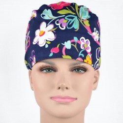 Calot Médical Bleu Marine avec Fleurs Multicolors