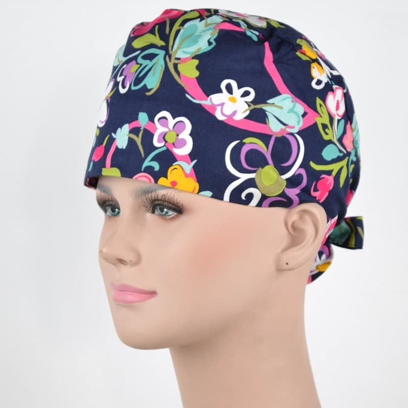 Calot Médical Bleu Marine avec Fleurs Multicolors