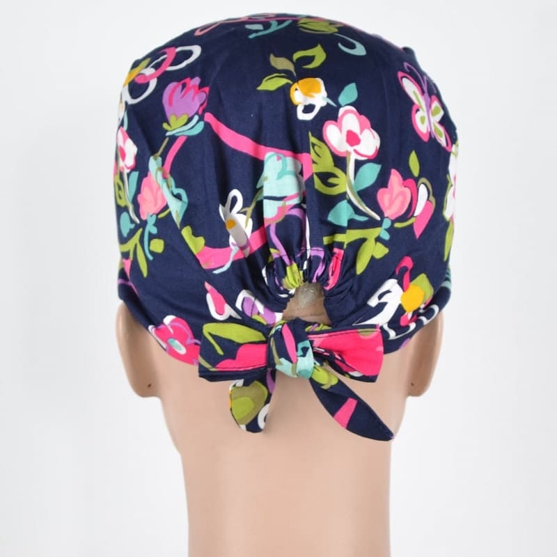 Calot Médical Bleu Marine avec Fleurs Multicolors