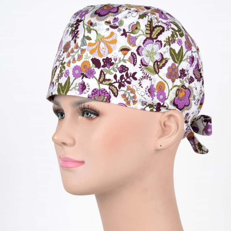 Calot Opératoire Blanc avec Fleurs Violettes