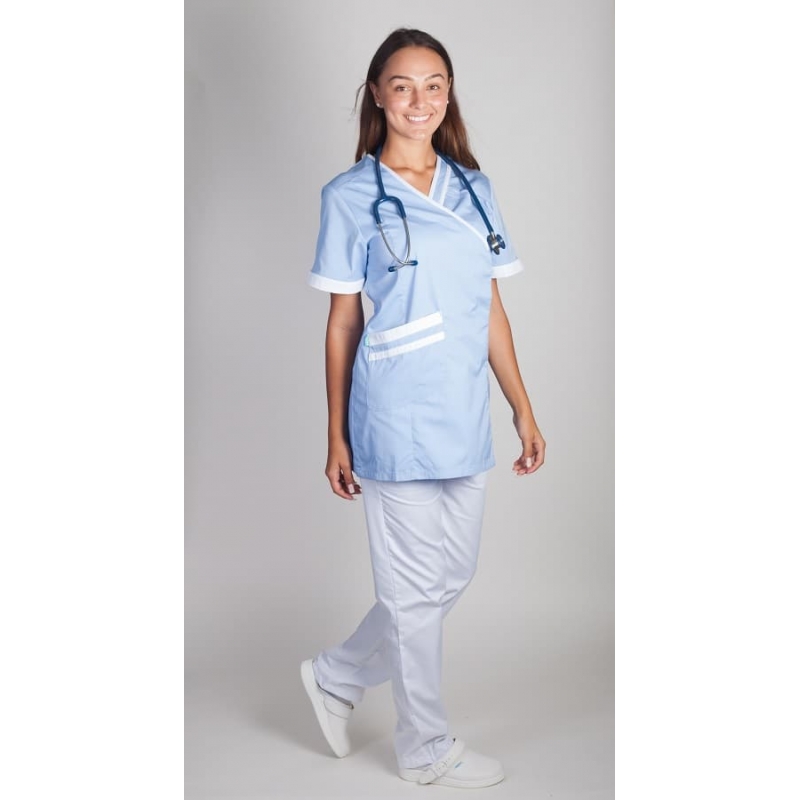 Tunique Médicale Couleur Femme Lafont Lilée Bleu Ciel Blanc