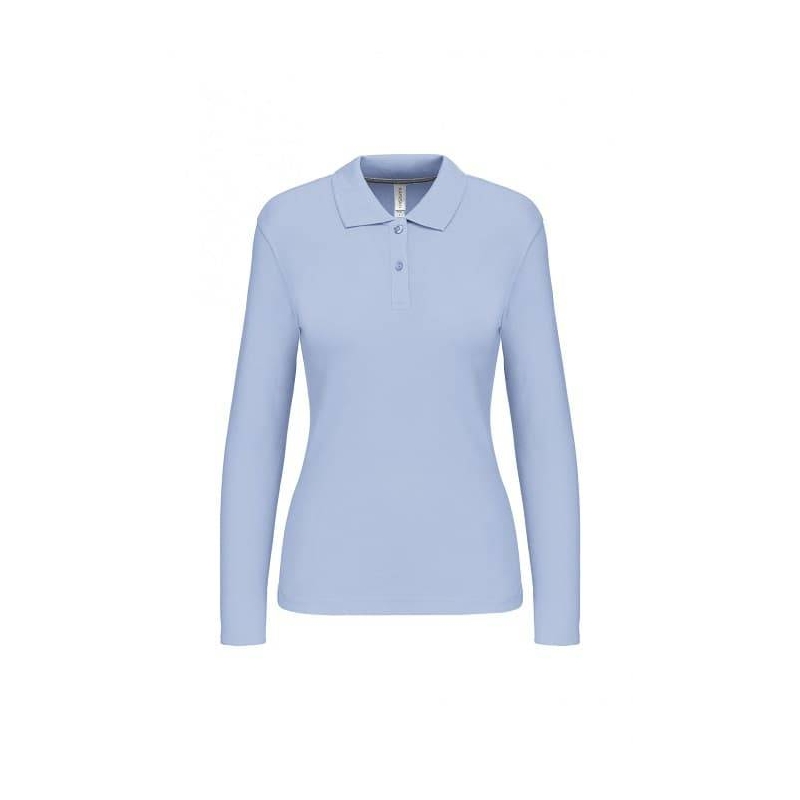 Polo Femme Manches Longues 100% Coton Bleu Ciel