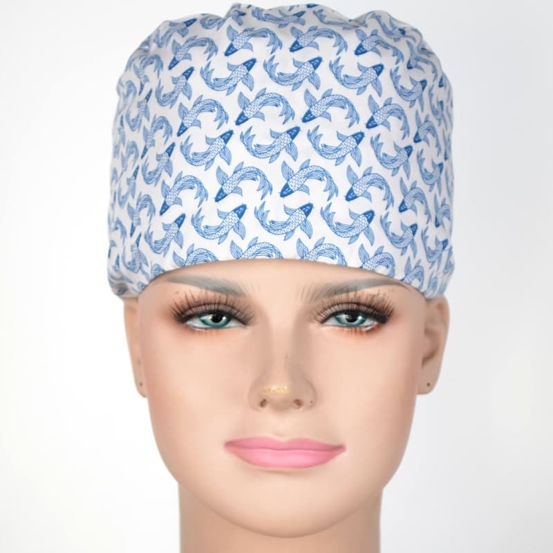 Calot Infirmière Blanc motif Carpes bleues