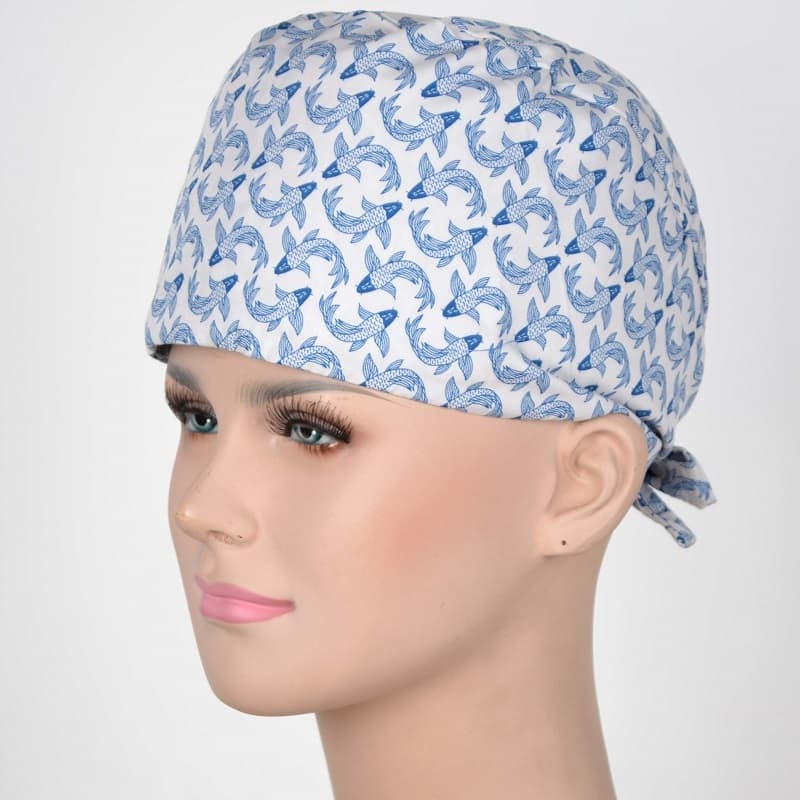 Calot Infirmière Blanc motif Carpes bleues