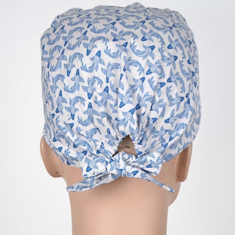 Calot Infirmière Blanc motif Carpes bleues