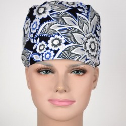 Calot Médical Noir et Bleu motifs Fleurs Stylisées