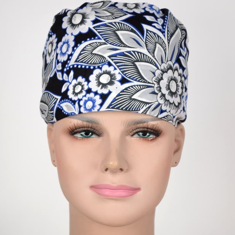 Calot Médical Noir et Bleu motifs Fleurs Stylisées
