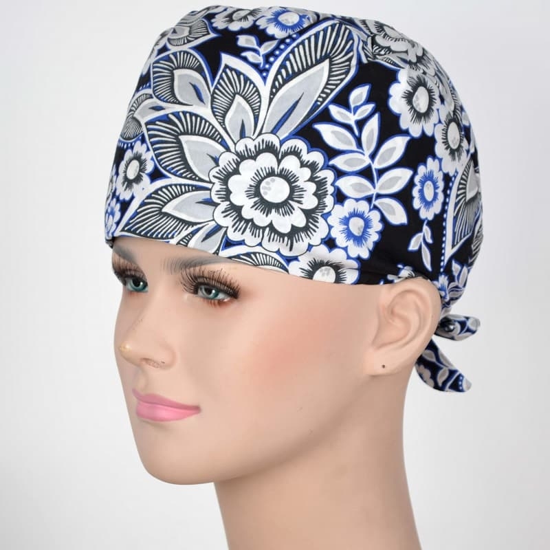 Calot Médical Noir et Bleu motifs Fleurs Stylisées