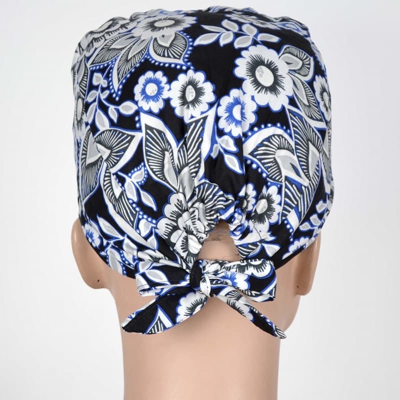 Calot Médical Noir et Bleu motifs Fleurs Stylisées