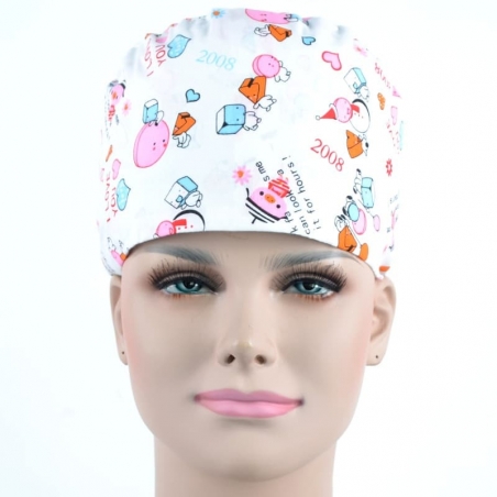 Calot Pediatre Blanc motif petits coeurs bleu et rouge