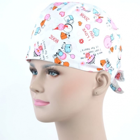 Calot Pediatre Blanc motif petits coeurs bleu et rouge