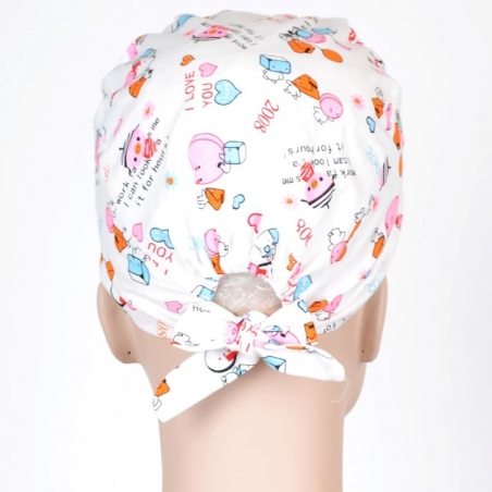 Calot Pediatre Blanc motif petits coeurs bleu et rouge