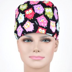 Calot Infirmiere Noir motif hiboux multi couleurs