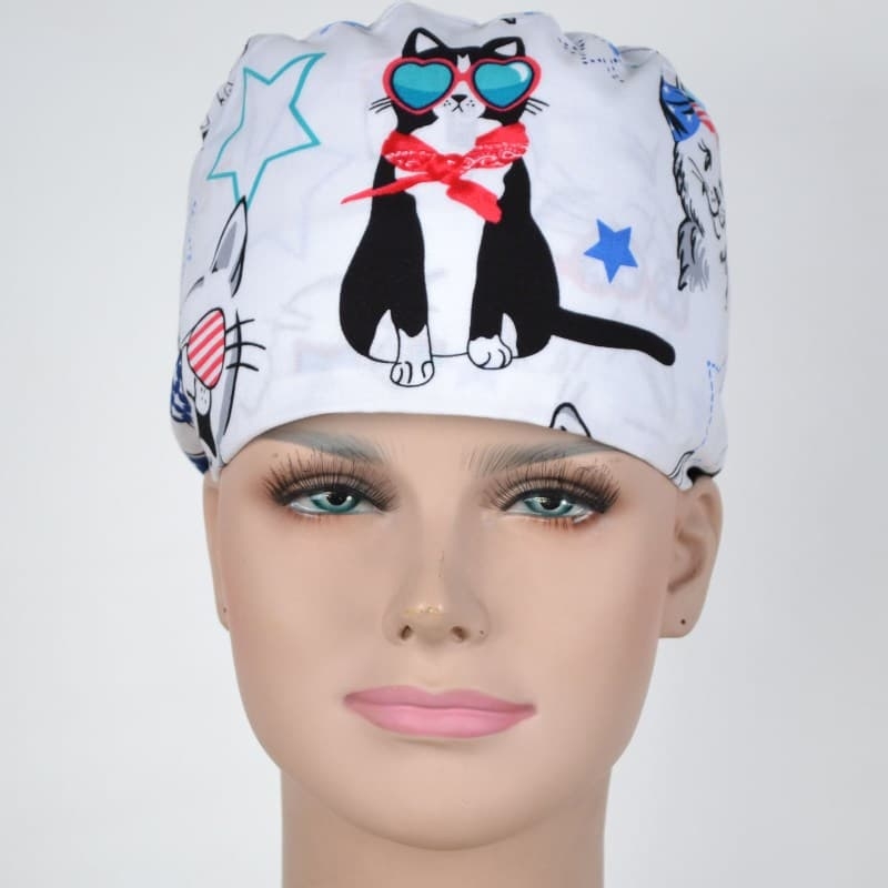 Calot Pediatre Blanc motif chat au ruban et lunette rouge