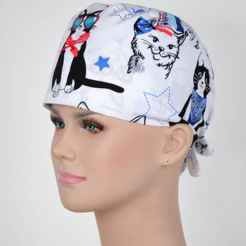 Calot Pediatre Blanc motif chat au ruban et lunette rouge