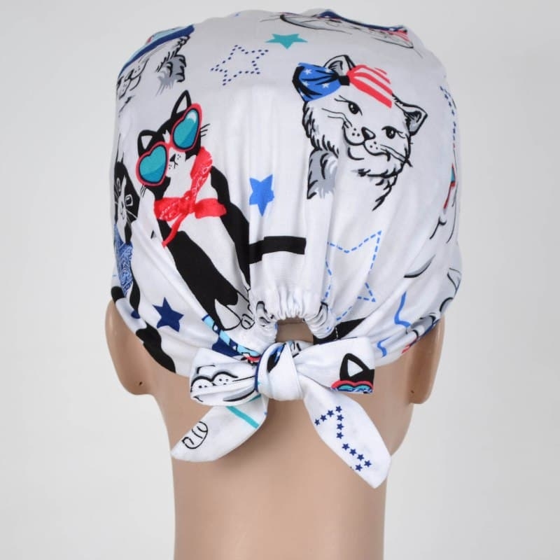 Calot Pediatre Blanc motif chat au ruban et lunette rouge