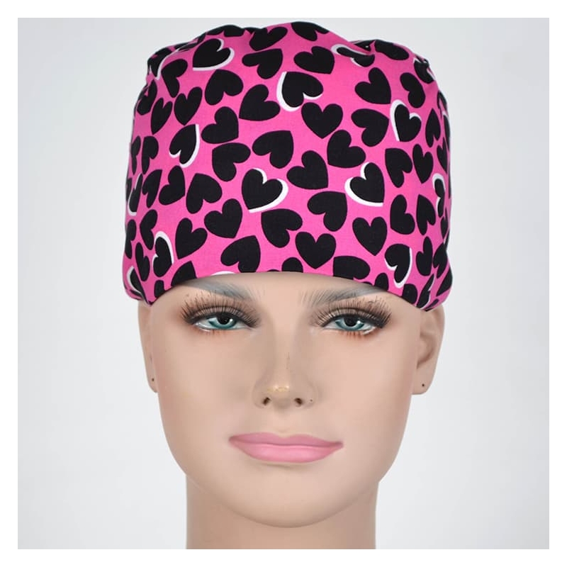 Calot Aide soignante Rose motif coeurs noirs
